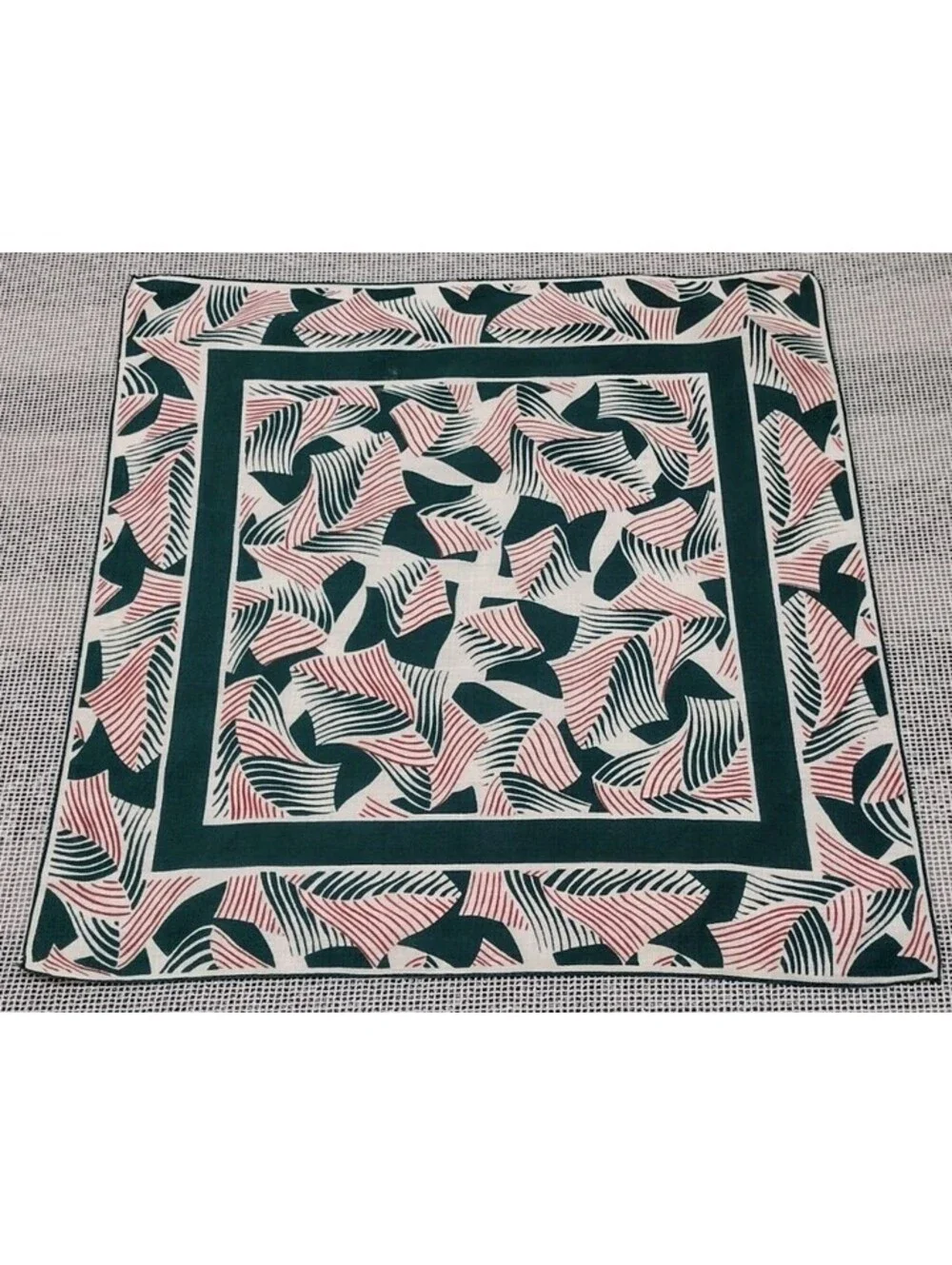Vintage 40s 50s Cotton Handkerchief Scarf Art Green Geometric Wave Escher Leafs
